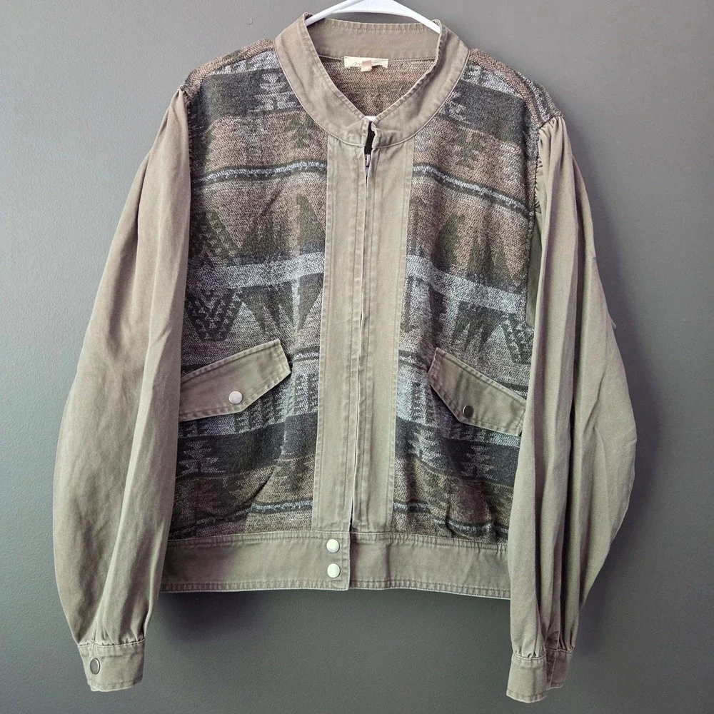 Mystree Womens Aztec Western Mixed Media Bomber Jacket Olive Green Large